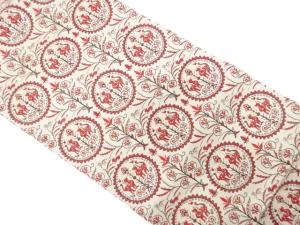 アンティーク　向かい動物に草花模様織り出し名古屋帯（着用可）